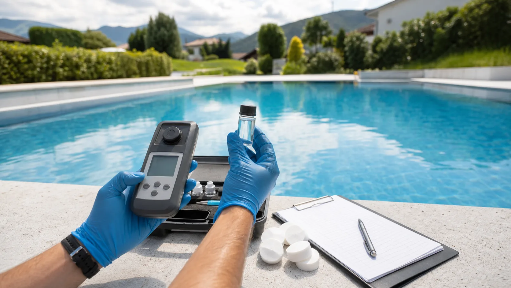Poolwasserprobe, Photometer und Chlortabletten am Rand eines privaten Aussenpools, technische Wasseranalyse ohne Logos