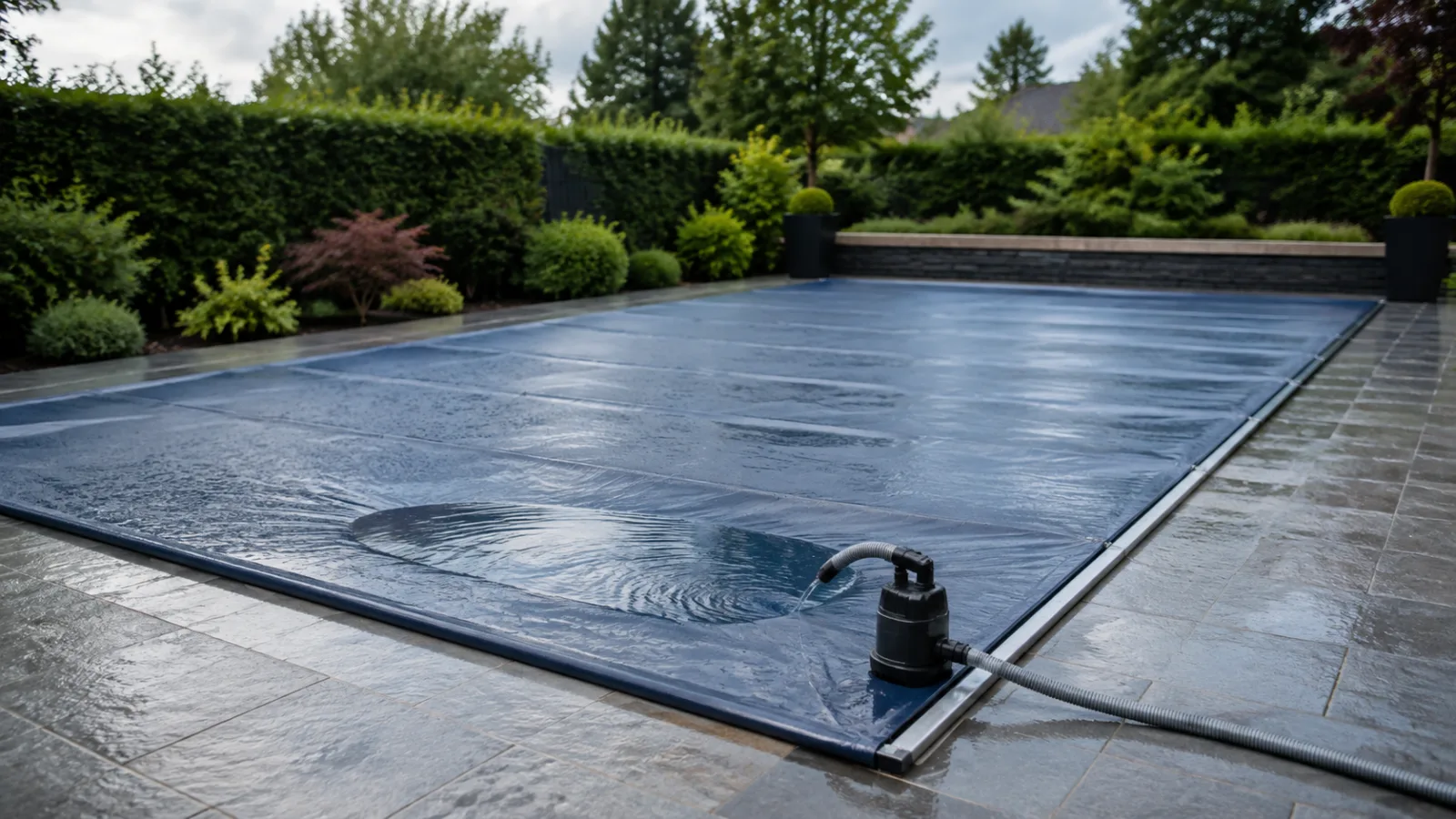 Geschlossene blaue Poolabdeckung nach Regen mit kleiner Wasseransammlung und Abdeckungspumpe