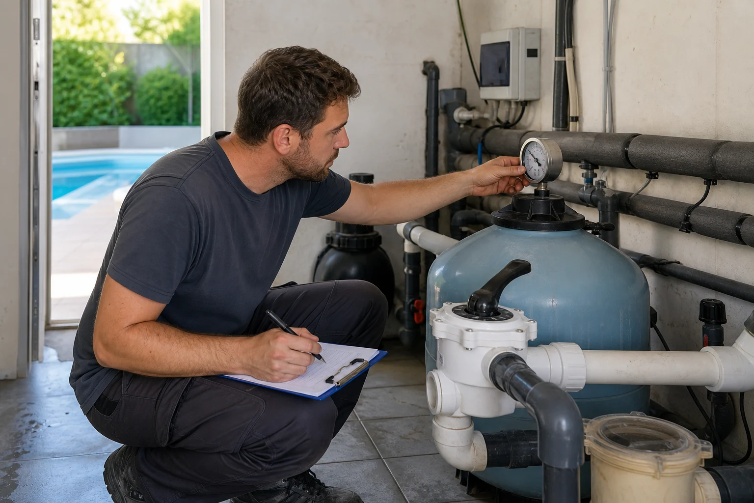 Pool-Servicetechniker prueft in einem privaten Technikraum den Druck am Poolfilter; sichtbar sind Filterkessel, Mehrwegeventil und Rohrleitungen, realistische Serviceaufnahme ohne Logos