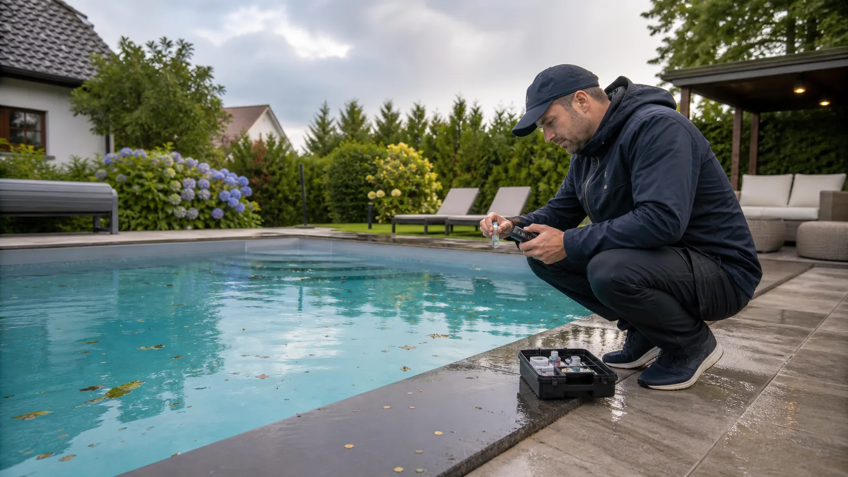 Pooltechniker misst nach Starkregen das Wasser an einem erhöhten Poolrand