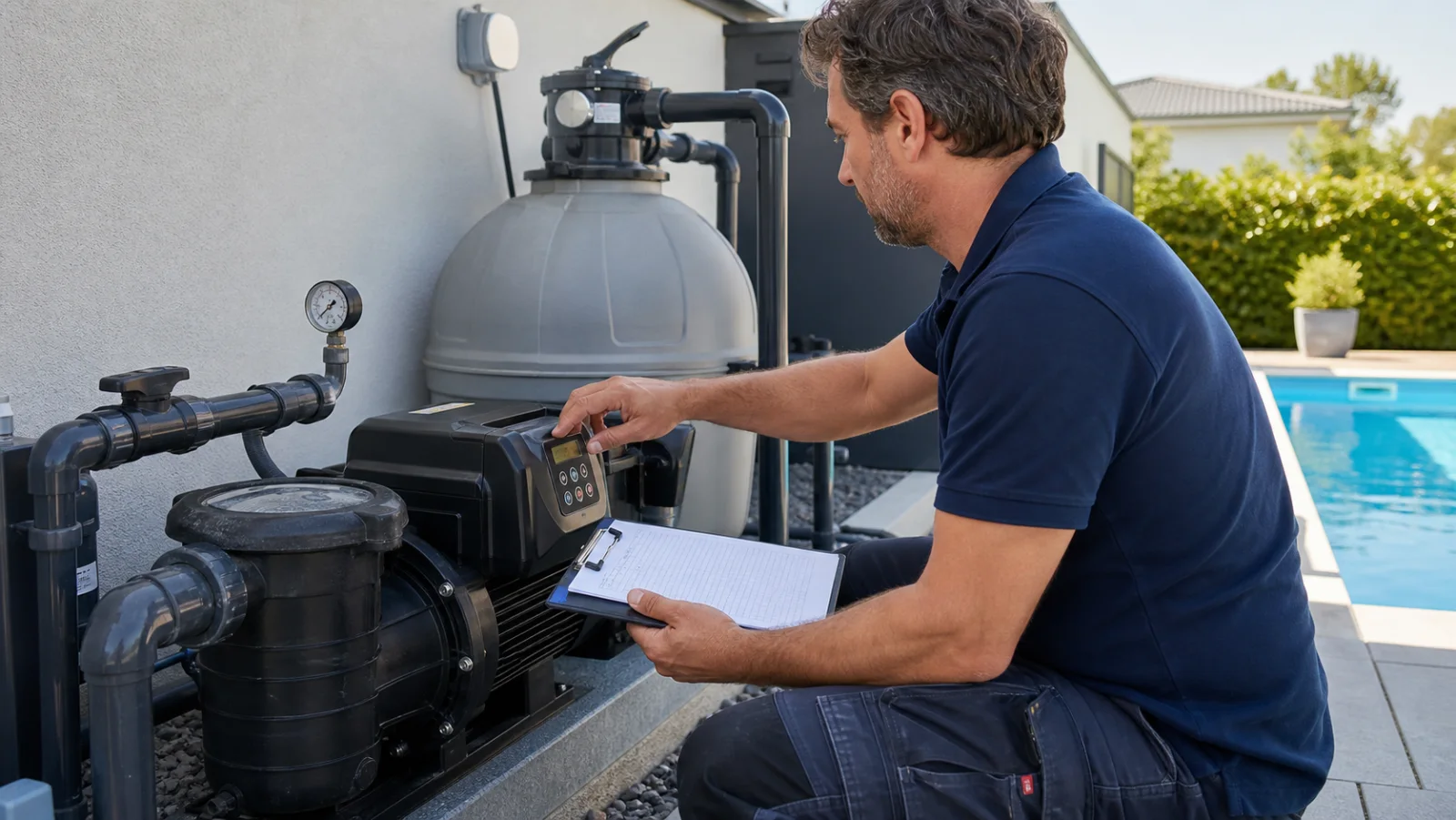 Servicetechniker stellt an einer variablen Poolpumpe die Drehzahl ein und dokumentiert Druck und Durchfluss an einer privaten Filteranlage