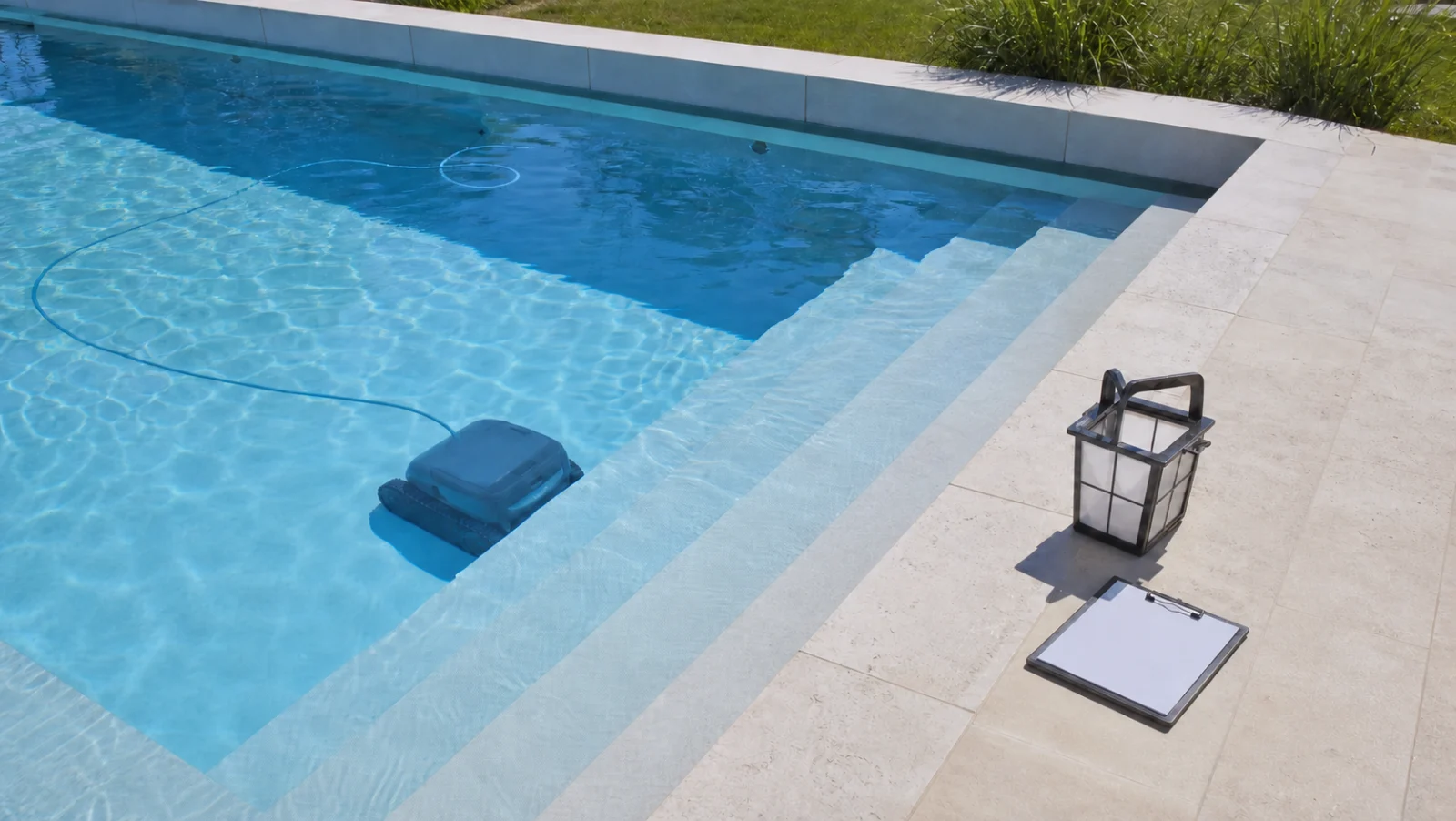 Poolroboter vor einer breiten Beckentreppe während eines beobachteten Reinigungszyklus