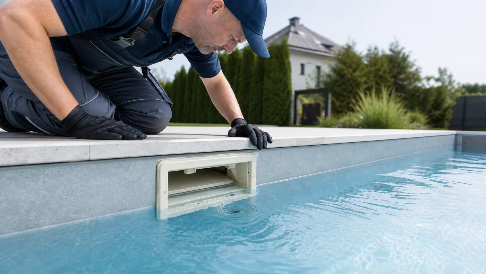 Pooltechniker prüft sicher Wasserstand und Skimmeröffnung mit kleinem Luftwirbel