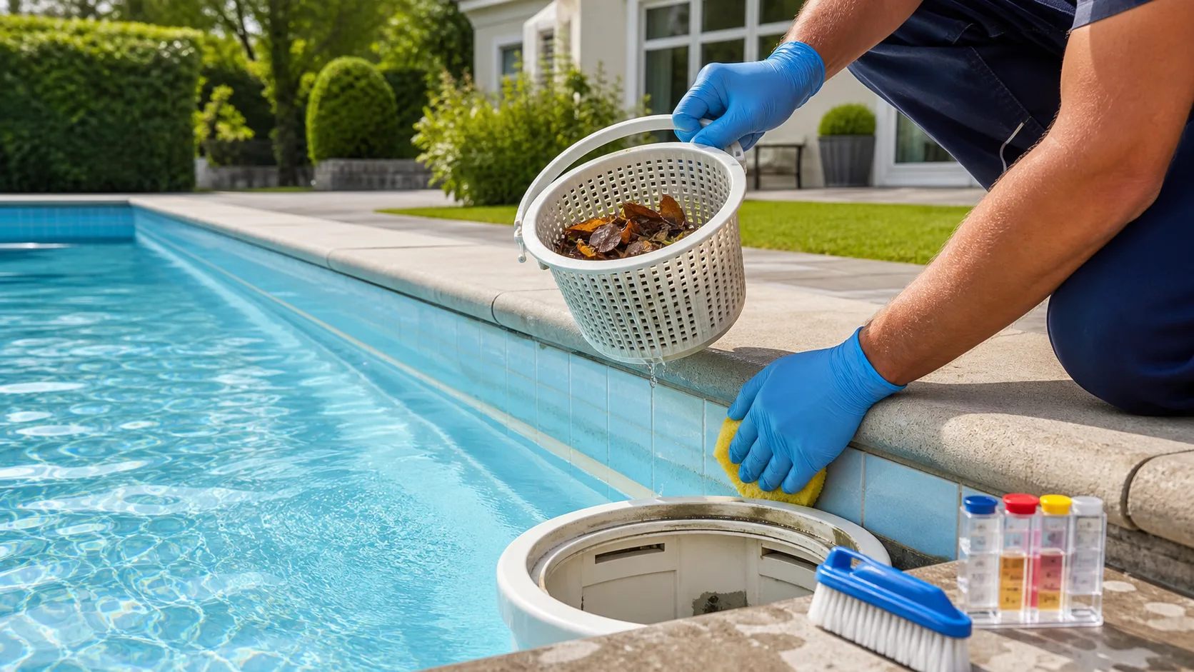 Poolwartung am privaten Pool mit Skimmerkorb voller Blaetter und Reinigung der Wasserlinie mit weichem Schwamm