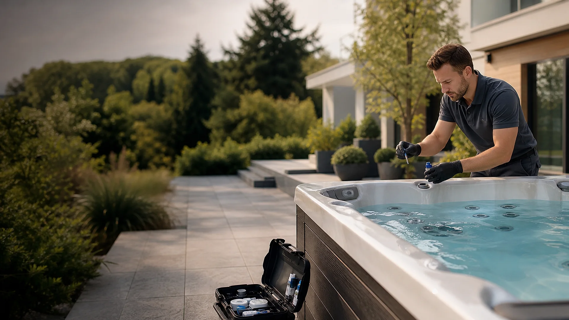 heller Gartenpool mit geöffnetem Technikschacht, Filterkessel, Pumpe und Wasserprobe
